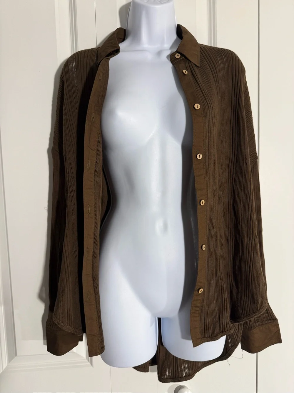 Free People Brown Ribbed Semi-Sheer Button-Down Shirt